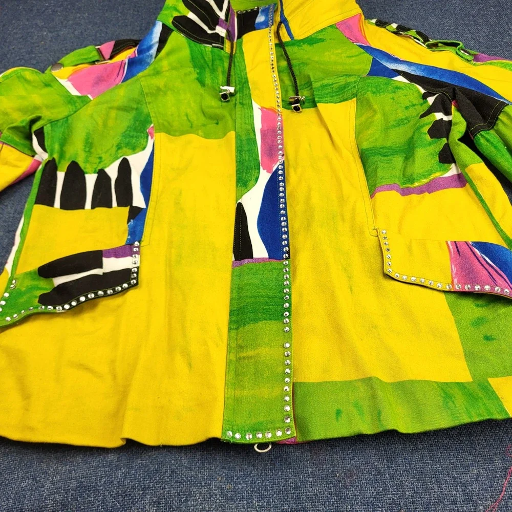 Berek Abstract Art Zip Up Jacket XL Yellow Green Rhinestone Bell Sleeve Cotton